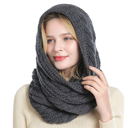 Winter Women Thick Cable Knit Ribbed Infinity Circle Loop Scarf - color: 01- Dark Grey