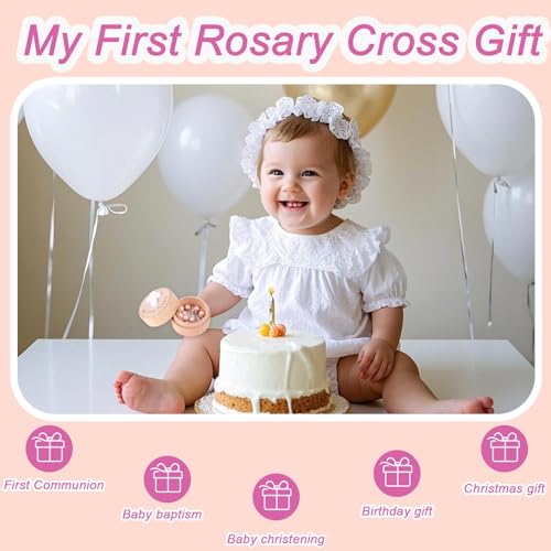 My First Rosary Baptism Gifts, Baptism Memorial Box & Rosary Bracelet with Angel Wings Catholic First Communion Christening Beads Gifting Set for Baby Shower