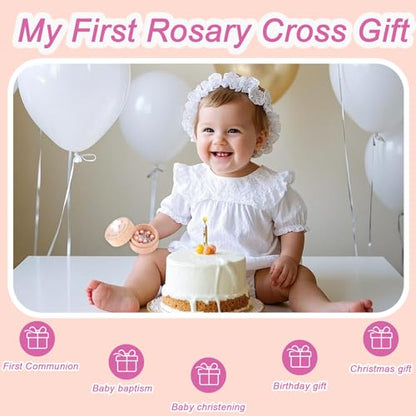 My First Rosary Baptism Gifts, Baptism Memorial Box & Rosary Bracelet with Angel Wings Catholic First Communion Christening Beads Gifting Set for Baby Shower