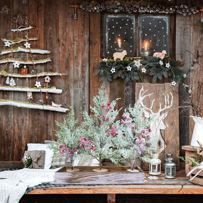 Winlyn 3 Pack Mini Christmas Trees with Wood Box Farmhouse Centerpiece Small Snowy Artificial Cedar Trees with Red Berries and Wood Bases Table Decorations for Rustic Home Winter Holiday Mantel Décor