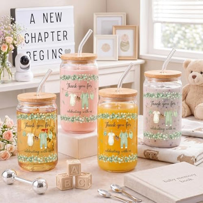 Glass Cups with Lids and Straws, 4Pack, 16oz, Boho Baby - color: Baby Shower