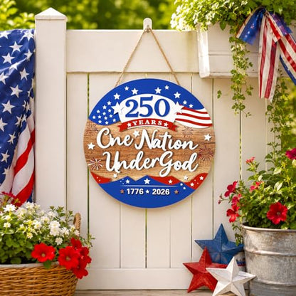 JarThenaAMCS 250th Anniversary Welcome Door Sign Patriotic 3D Wooden Hanging Sign American Flag Fireworks Round Door Hanger for 4th of July Independence Memorial Day Home Wall Decorations, 12 Inch - style: American Flag