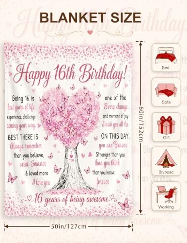 Sweet 16 Gifts for Girls, Sweet 16 Blankets,16th Birthday Gifts - color: 16 Pink Tree