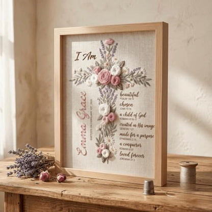 NAZENTI Custom Hand Embroidery Wooden Frame Sign Baptism Gift for Boy, Personalized Embroidered Floral Sign with Name - color: DS01