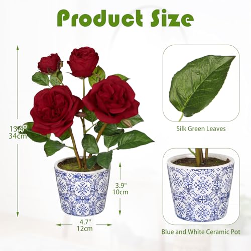 Hollyone Red Real Touch Roses Artificial Flowers in Vase Blue and White Porcelain Ceramic Pot 13.4" Fake Roses Flower Arrangement Artificial Plants & Flowers Potted Plant Faux Silk Rose Flower - color: Rose 3 - Red (13.4inch)