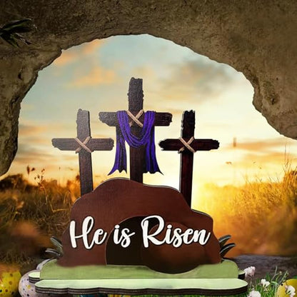 JNYVE Easter Table Decorations for Home: He is Risen Decor Religious Christian Scene Decoration Wooden Cross Tabletop Signs for Home Rustic Farmhouse Spring Decor - style: Modern