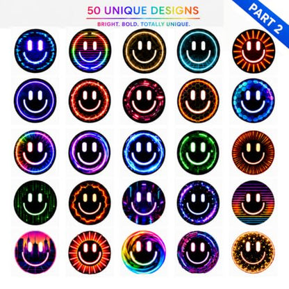 50 Neon Smiley Face Stickers, 2 Inch Waterproof Pack for Water Bottles - color: Neon