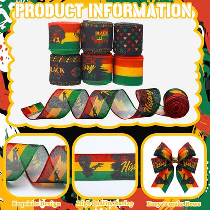12 Rolls Black History Month Ribbons 2 Inch x 60 Yards Wired Edge Fabric Ribbons Craft Black History Month Themed Pattern Wrapping Crafts for DIY Gift Hair Bows Sewing Wreath 12 Styles - style: Black History