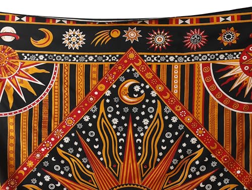 Popular Handicrafts Wall Hanging Tapestry For Bedroom Hippie Burning Sun and Moon Meditation Bohemian Hippy Psychedelic Design Indian Tapestries Bedspread 90 x 108 inches (230cm x 270cm) Green - color: Golden, size: 108"L x 90"W