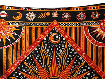 Popular Handicrafts Wall Hanging Tapestry For Bedroom Hippie Burning Sun and Moon Meditation Bohemian Hippy Psychedelic Design Indian Tapestries Bedspread 90 x 108 inches (230cm x 270cm) Green - color: Golden, size: 108"L x 90"W