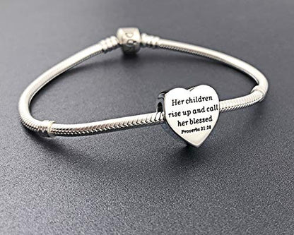 Heart Charm Fit Pandora Charms Bracelet Christian Bible Verse Charm Prayer Faith Religious Charms Gifts for Women - style: Her chlldrne rise up and call her blessed Proverbs 31:28