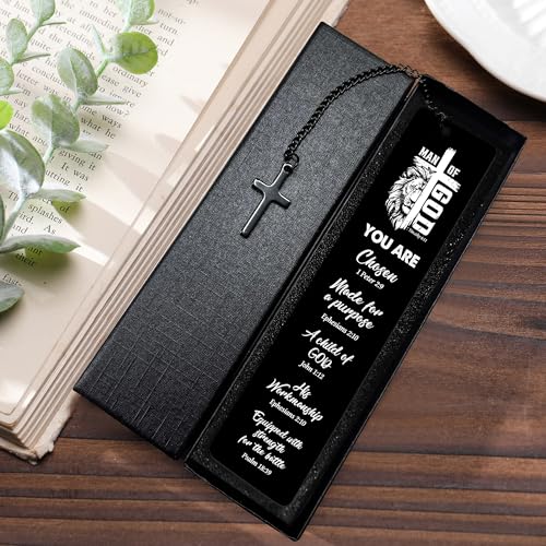 Bible Verse Metal Bookmark for Men, Man of God Christian Bookmark for Men, Religious Fathers Day Gift Scripture Book Mark with Cross Pendant for Husband Dad Reading Gifts