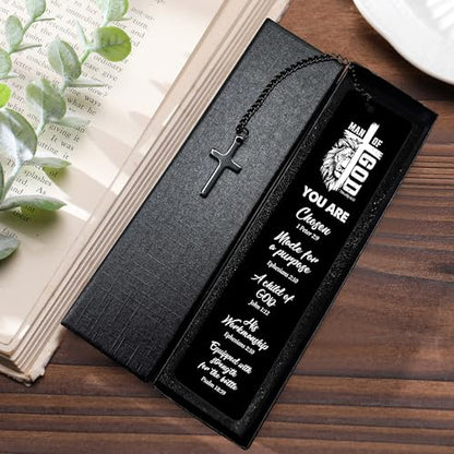 Bible Verse Metal Bookmark for Men, Man of God Christian Bookmark for Men, Religious Fathers Day Gift Scripture Book Mark with Cross Pendant for Husband Dad Reading Gifts