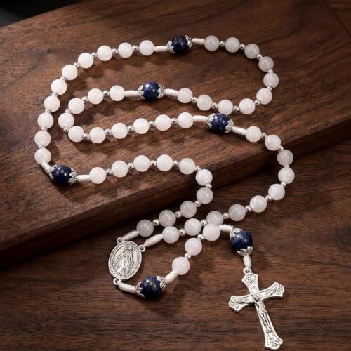 Nazareth Store 8mm White Jade & 10mm Natural Stone Beads Rosary Necklace St. Miraculous Medal & Cross Crucifix Catholic Prayer Beads Religious Jewelry - color: Lapis lazuli