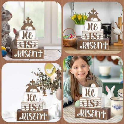 4 Pcs Easter Table Decorations Wooden Table Sign Religious Wood Centerpieces Bunny Blocks Farmhouse Spring Tiered Tray Decor for Home Kitchen Shelf(Rustic Cross) - style: Rustic Cross