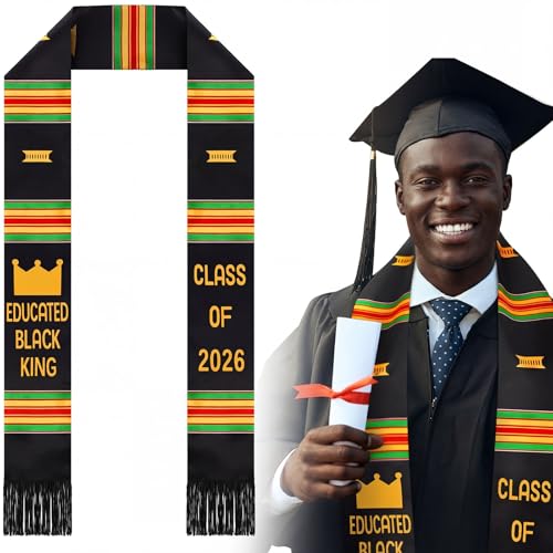 Geyoga Graduation Stole Kente Stole Black Authentic African Art 72" x 4.8" for Adult College Unisex Grads Celebrate - style: Educated Black King