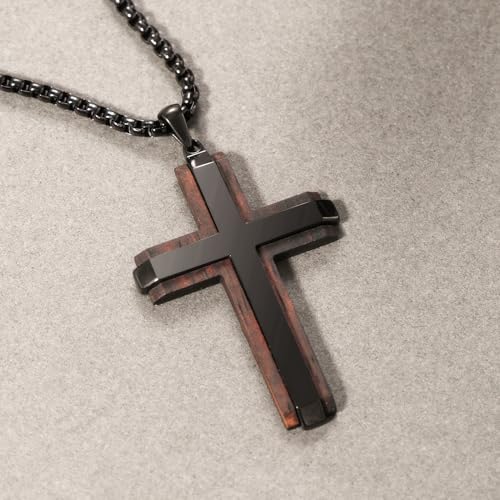 Wooden Cross Necklace for Men, Real Ebony Mens Cross Necklaces Black Stainless Steel Christian Christian Gifts for Men Wood Crucifix Pendant, with Necklace 24" Round Box Chain