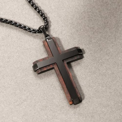 Wooden Cross Necklace for Men, Real Ebony Mens Cross Necklaces Black Stainless Steel Christian Christian Gifts for Men Wood Crucifix Pendant, with Necklace 24" Round Box Chain