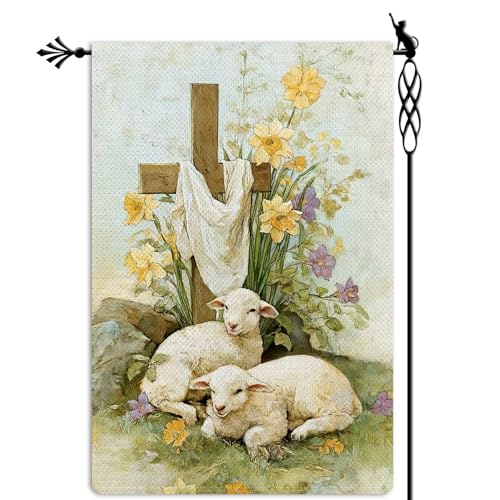 Easter Cross Garden Flag He is Risen Sheep Garden Flag Vertical Double Sided Rustic Farmland Burlap Yard Lawn Outdoor Decor 12.5x18" - color: Easter Cross #WQ443