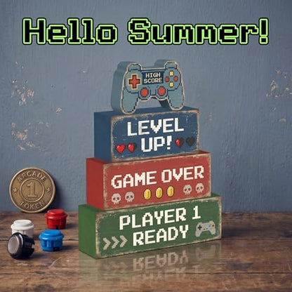 Britimes Tiered Tray Decor Set, 4 Pack, Wooden Table Sign, Video Game - style: Retro Gamer