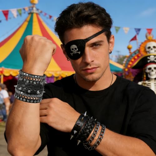 4 Pcs Leather Cuff Bracelets for Men with Spiked Cross Studded Stars Charms - color: Black-Spikes