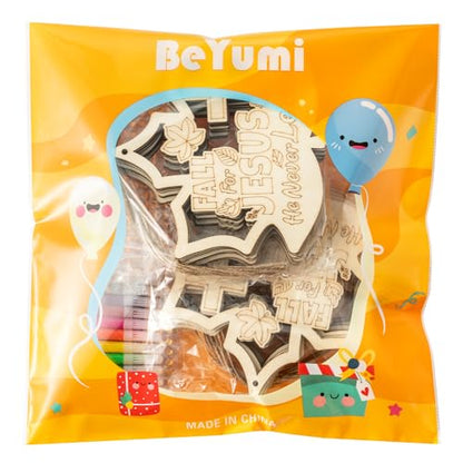 BeYumi Fall Wooden Leaves Craft - 20Pcs DIY Wooden Maple Leaves Ornaments Craft Kit for Kid Make Your Own Christian Religious Fall for Jesus Craft with Gem Sticker Church Thanksgiving Party Decoration - style: Maple Leaves