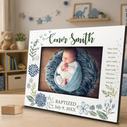 BELLA BUSTA-Personalize -Baptism, Dedication, Confirmation, First Communion Theme Picture Frame-Keepsake from Godparents, Friends, Family-UV Print Frame (Blue (5x7 Horizontal)) - color: Blue (5x7 Horizontal)