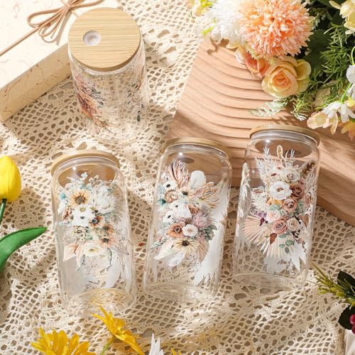 Mumufy 4 Pack Earthy Botanical Glass Cup, 16 oz Tumbler Mug with Bamboo Lid - style: Earthy Botanical