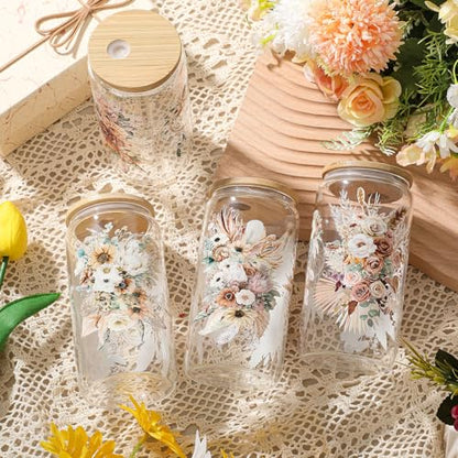 Mumufy 4 Pack Earthy Botanical Glass Cup, 16 oz Tumbler Mug with Bamboo Lid - style: Earthy Botanical