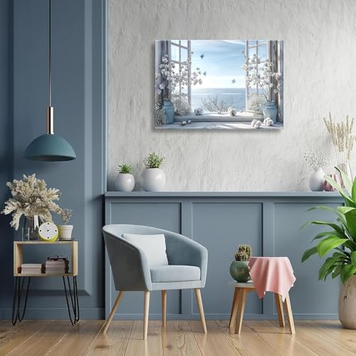 DAXINGJ Blue Coastal Butterfly Window Wall Art, Farmhouse Beach Framed - color: blue window, size: 16"L x 12"W