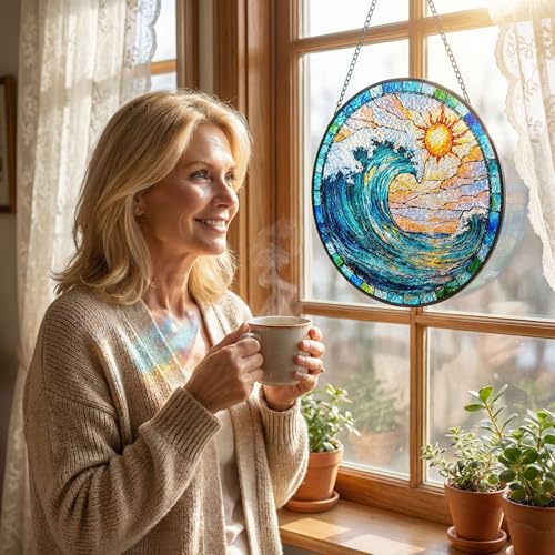 8-inch Hand-Painted Stained Glass Suncatcher Window Decoration Bohemian-Style Stained Glass Window Hanging Garden-Themed Decorative Glass Suncatcher Artistic Wall Accent Unique Housewarming Gift(B5) - color: B5