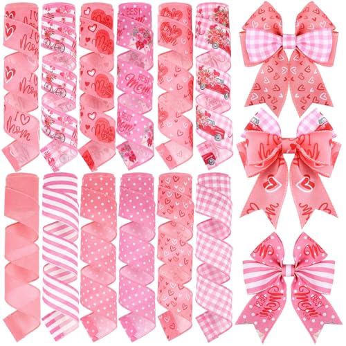 12 Rolls Mother's Day Wired Edge Ribbon for Wreaths 2 Inch x 60 Yards Pink Burlap Stripe Ribbons Happy Mother's Day Love You Mom Floral Decorative for Bow Wreath DIY Craft Gift Wrapping Decor - style: Mother's Day
