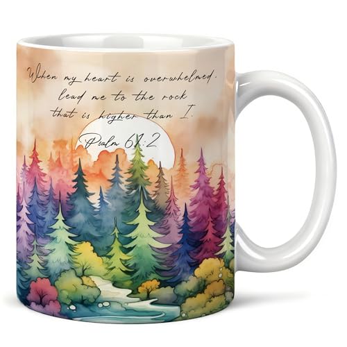 Inspirational Christian Mug 11 oz, When My Heart Is Overwhelmed Psalm 61:2 Bible Verse Coffee Cups Ceramic, Watercolor Forest Religious Ceramic Mug for Coffee Tea Hot Cocoa Home Office Work - color: 11Child
