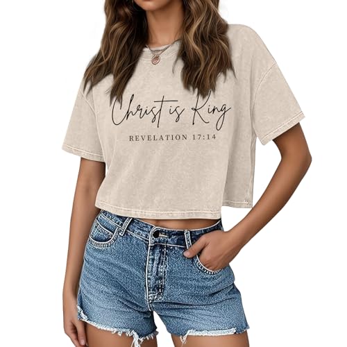 KIEKIECOO Womens Cropped Acid Wash Tshirt Vintage Christian Graphic Crop Tops Tees Oversized Christ is King Faith Gifts Shirt - color: Apricot, size: X-Large