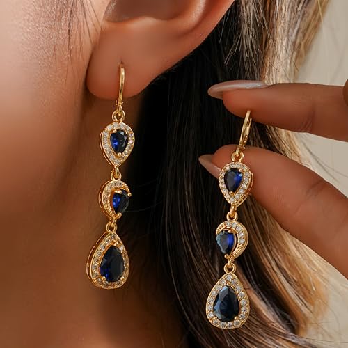 18K Gold Plated, Dangle Earrings for Women, Flower/Heart Drop earrings, Hypoallergenic Cubic Zirconia Earrings, Lightweight, Party, gold earrings, Jewelry for Gifts, Fashion - style: 0354-Navy