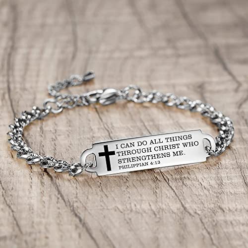 Bible Verse Bracelet-Stainless Steel Scripture Quotes Inspirational Bracelet Faith Christian Bracelet for Women, Christmas gift for women - color: Silver