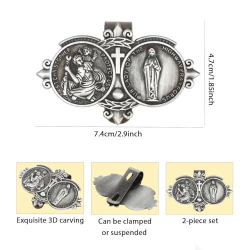 2-Pack Silver Car Visor Clip, St. Christopher Virgin Mary Catholic Driving Safety Medal - color: Silver