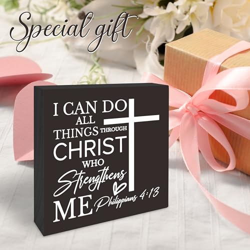 5 Inches Black Christian Bible Verse Wooden Sign - I Can Do All Things Through Christ Who Strengthens Me - Motivational Gift For Friends Family -Tabletop,Shelf, Home & Office Decorations -(A06)