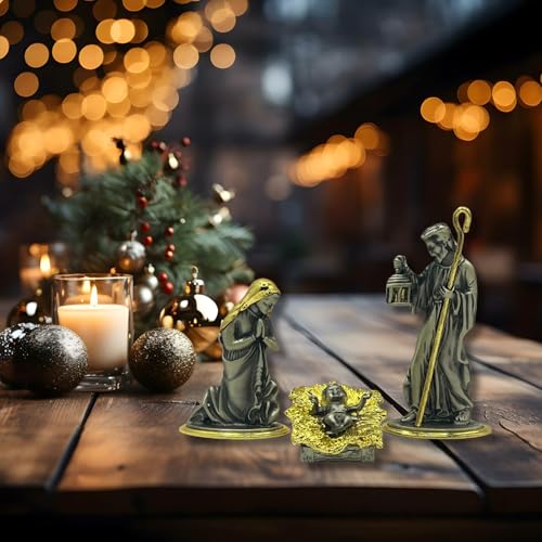 Metal Nativity 3-Piece Holy Family Gold Pewter 4.5in