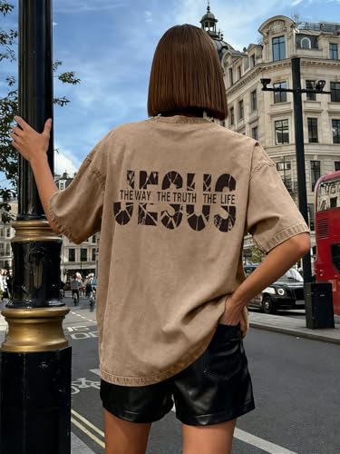 Eatbook Christian Shirts for Men Women Jesus Faith Oversized Acid Wash Tops - color: Apricot Jesus, size: X-Large