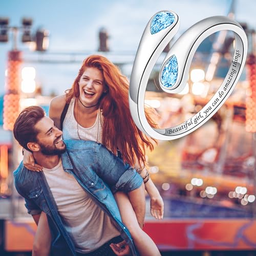 Jinlou Thumb Rings for Women - 925 Sterling Silver Birthstone Open Teardrop Encouragement Adjustable Ring Women Gifts for Teens Mom Birthday Mother's Day St Patricks Day - color: March, style: Beautiful you can do amazing things