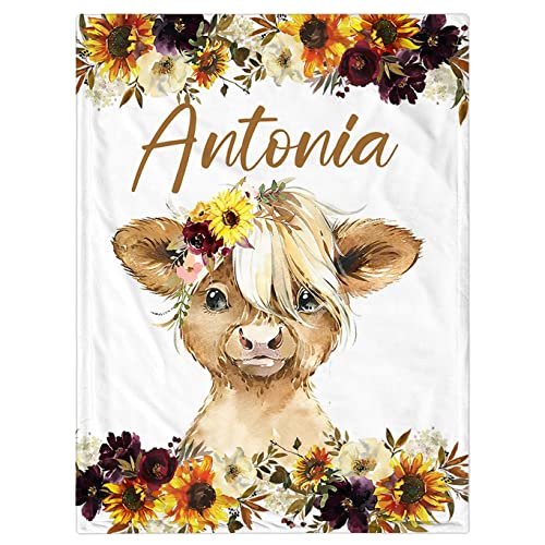 Personalized Baby Blanket for Girls, Custom Baby Blanket with Name Super Soft Personalized Name Blankets for Kids, Custom Cow Blanket for Infant Toddler, Baby Blankets for Birthday - color: Flower Cow