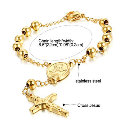 Cupimatch Religious Stainless Steel Beaded Rosary Cross Charm Bracelet for Men Women 8.6", Gold (Silver) for Mother's Day - color: Gold