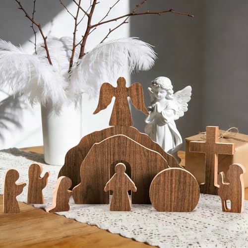 JarThenaAMCS Empty Tomb Easter Table Scene and Cross Decoration Wooden Jesus Nativity Scene He is Risen Centerpiece for Christian Party Home Tabletop Tray Decor, Set of 10 Pcs