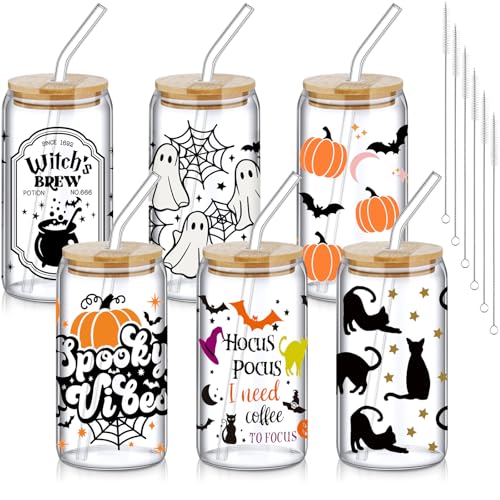 SiliFine 6 Pcs Halloween Glass Cups, 16 oz with Lids and Straws - style: Witch