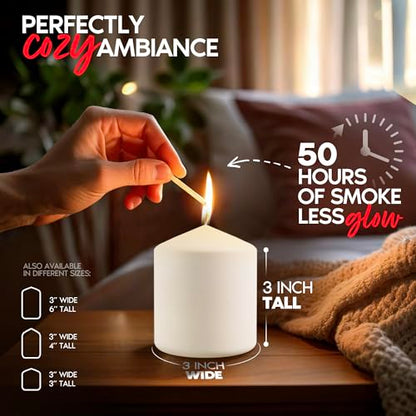 Candle Charisma White Pillar Candles Bulk Pack of 6 – (3x3 Inch) Long-Lasting 50-Hour Burn, Dripless & Smokeless – Perfect for Hassle-Free Decor at Weddings, Fall Table Centerpieces & Special Events
