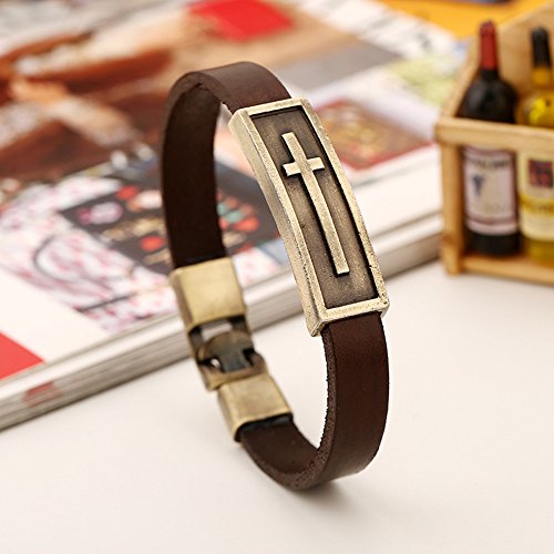 Men Punk Alloy Leather Bracelet Cross Bracelet Bangle Wristband - color: Brown