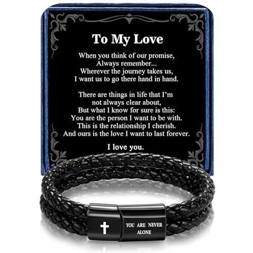 Christian Bracelet for Men, Bible Verse Leather Cross Gift for Men - color: A-To My Boyfriend-You Are Never Alone-Love You Forever