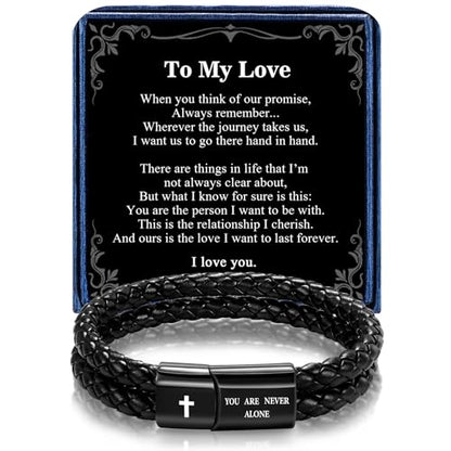 Christian Bracelet for Men, Bible Verse Leather Cross Gift for Men - color: A-To My Boyfriend-You Are Never Alone-Love You Forever