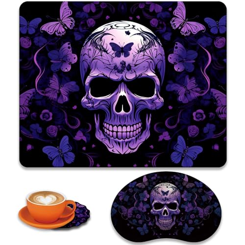 Mouse Pad 9.4"x7.9" + Wrist Support Pad + Embroidered Cup Pad Non-Slip Set, Ergonomic Mouse Wrist Support Pad, Suitable for Office/Gaming/Home Use, Skull Butterfly - color: Skull Butterfly